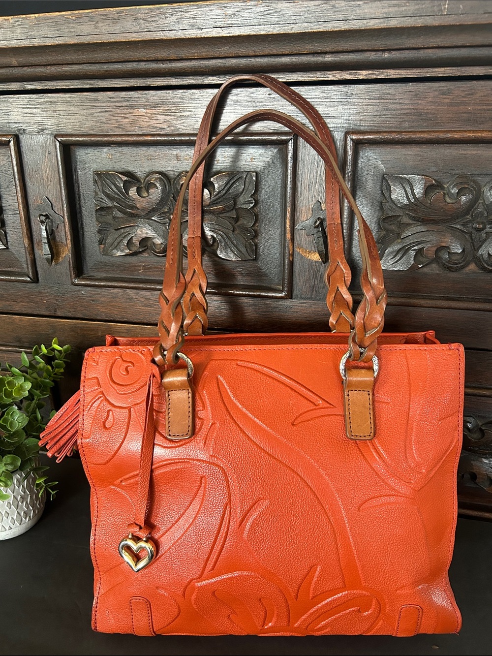 Brighton Orange Embossed Leather Tote with Braided Brown Handles